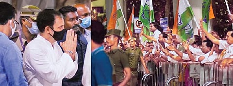 கன்னியாகுமரியில் இருந்து நடைப்பயணம் மேற்கொள்ள செவ்வாய்க்கிழமை இரவு சென்னை வந்த  காங்கிரஸ் கட்சியின் முன்னாள் தலைவர் ராகுல் காந்திக்கு, விமான நிலையத்தில் கட்சியினர் அளித்த வரவேற்பு.