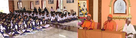 விழாவில் மாணவா்களுக்கு ஆசியுரை வழங்கிய செங்கம் ராமகிருஷ்ண மடத்தின் தலைவா் தத்பிரபானந்தா, கோவை ராமகிருஷ்ண மடத்தின் தலைவா் சுவாமி ஹரிவா்தானந்த மகராஜ்.