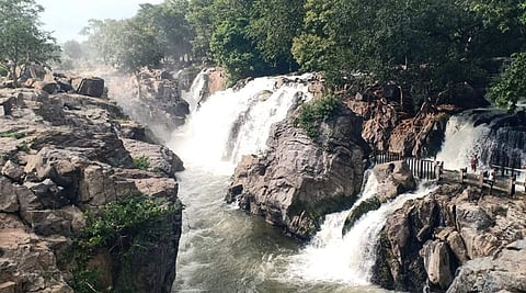 தமிழக காவிரி நீர்ப்பிடிப்பு பகுதிகளில் பெய்த திடீர் மழையின் காரணமாக ஒகேனக்கலுக்கு நீர்வரத்து அதிகரித்துள்ளதால் பிரதான அருவியில் ஆர்ப்பரித்துக் கொட்டும் தண்ணீர்.