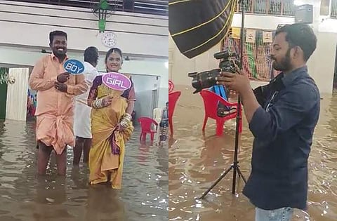 வெள்ள நீரில் போட்டோக்கு நிற்கும் தம்பதி