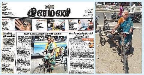 2007-ஆம் ஆண்டு மகளிர் தினத்தையொட்டி, ரத்தினம்மாள் குறித்து தினமணியில் வெளியான செய்தி. (வலது) சைக்கிள் ரிக்ஷாவில் மருந்துப் பெட்டிகளை ஏற்றிச் செல்லும்வேலை செய்து வரும் ரத்தினம்மாள்.