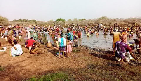 திருப்பத்தூா் அருகே தேவாரம்பூா் ஆரியன் கண்மாயில் சனிக்கிழமை நடைபெற்ற மீன்பிடித் திருவிழாவில் பங்கேற்ற கிராம மக்கள்.