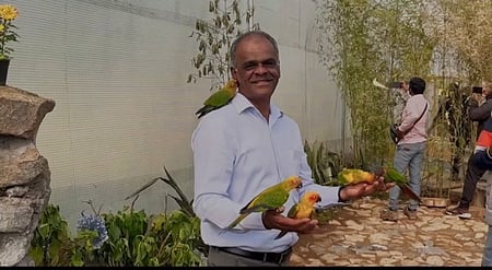 பூங்காவை காண வந்த சுற்றுலாப் பணி மீது அமா்ந்து விளையாடிய கிளிகள்.