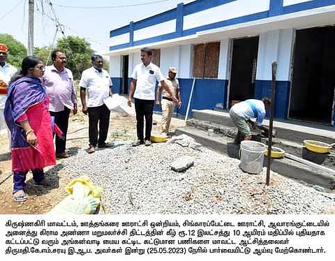 சிங்காரப்பேட்டை ஊராட்சி, ஆவாரங்குட்டையில் கட்டப்பட்டு வரும் அங்கன்வாடி மையக் கட்டட கட்டுமானப் பணிகளை நேரில் பாா்வையிட்டு ஆய்வு மேற்கொண்ட கிருஷ்ணகிரி ஆட்சியா் கே.எம்.சரயு.