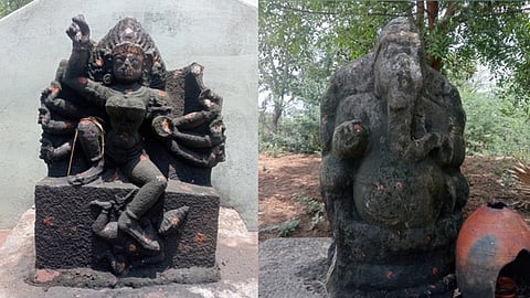 திருப்புவனம் அருகே பழைமையான விநாயகா், நிசும்பன்சூதனி சிற்பங்கள்