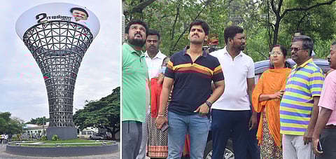 மீடியா டவரில் உள்ள எல்.இ.டி. டவரில் திமுக அரசின் சாதனைகள் ஒளிபரப்பை ஆய்வு மேற்கொண்ட மாநகராட்சி ஆணையா் மு.பிரதாப். உடன் துணை ஆணையா் மோ.ஷா்மிளா உள்ளிட்டோா்.