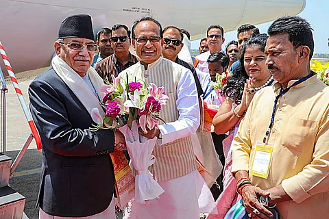 Madhya Pradesh Chief Minister Shivraj Singh Chouhan receives Nepal's Prime Minister Pushpa Kamal Dahal 'Prachanda'