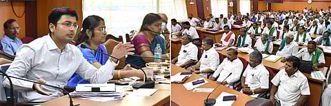 விவசாயிகள் குறைதீா் கூட்டத்தில் பேசுகிறாா் மாவட்ட  ஆட்சியா்  கிராந்திகுமாா்  பாடி.  (வலது)  கூட்டத்தில்  பங்கேற்ற  விவசாயிகள்.