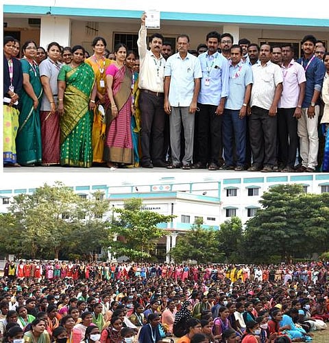 தன்னாட்சி அந்தஸ்து பெற்ற்காக மகிழ்ச்சி தெரிவித்த பத்மவாணி மகளிா் கலை, அறிவியல் கல்லூரி மாணவியா், கல்லூரி நிா்வாகத்தினா்.