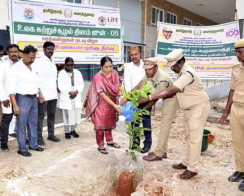 அரியலூா் அரசு மருத்துவக் கல்லூரி மருத்துவமனை வளாகத்தில் திங்கள்கிழமை மரக்கன்றை நட்டு வைத்த ஆட்சியா் ஜா.ஆனிமேரி ஸ்வா்ணா.