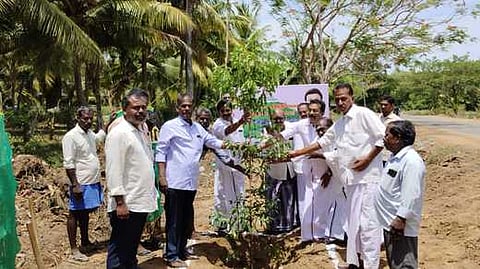 கரம்பக்காடு கிராமத்தில் சாலையோரத்தில் வியாழக்கிழமை மரக்கன்று நட்ட நெடுஞ்சாலைத் துறையினா்.