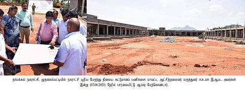 நாமக்கல், முதலைப்பட்டியில் நடைபெறும் புதிய பேருந்து நிலையம் கட்டுமானப் பணிகளை ஆய்வு செய்த மாவட்ட ஆட்சியா் ச.உமா.