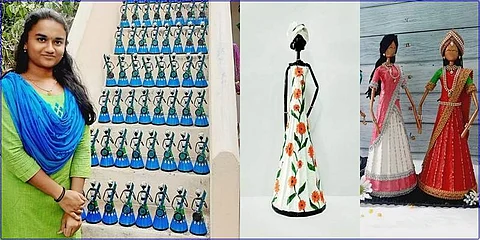 காகித பொம்மைகளுடன் கோவை பெண் ராதிகா.