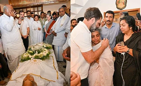 கார்கே, சோனியா காந்தி, ராகுல் காந்தி நேரில் அஞ்சலி