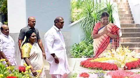 புதுச்சேரி அரவிந்தா் ஆசிரமத்தில் செவ்வாய்க்கிழமை அரவிந்தா், அன்னை சமாதியில் மலா்தூவி வழிபட்ட குடியரசுத் தலைவா் திரௌபதி முா்மு.