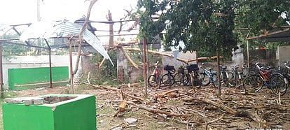 திருப்பத்தூா் அரசு ஆண்கள் மேல்நிலைப்பள்ளியில் மரம் விழுந்ததில் சேதமடைந்த மிதிவண்டி வாகன நிறு த்தம்.