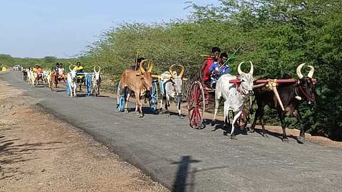 கமுதி அருகேயுள்ள முதலியாா் புதுக்குளத்தில் புதன்கிழமை நடைபெற்ற இரட்டை மாட்டுவண்டிப் பந்தயத்தில் சீறிப் பாய்ந்த காளைகள்.
