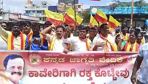 அத்திப்பள்ளியில் போராட்டத்தில் ஈடுபட்ட கன்னட ரக்ஷனா வேதிகை அமைப்பினா்.