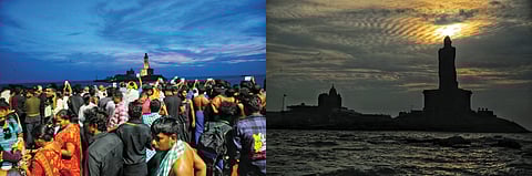 முக்கடல் சங்கமம் பகுதியில் திரண்டிருந்த சுற்றுலாப் பயணிகள். (வலது) மேக மூட்டம் காரணமாக தெளிவாகத் தெரியாத சூரிய உதயம்.