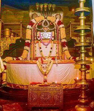 தஞ்சாவூா் பெரியகோயிலில் ஆங்கிலப் புத்தாண்டையொட்டி மலா் அலங்காரத்தில் காட்சியளித்த பெருவுடையாா்.