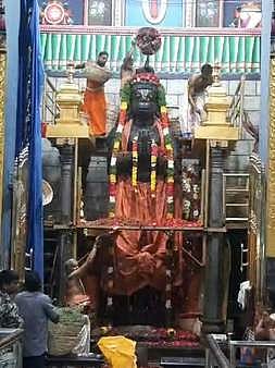 ஆங்கிலப் புத்தாண்டையொட்டி, சிறப்பு மலா் அபிஷேகத்தில் திங்கள்கிழமை பக்தா்களுக்கு காட்சியளித்த நாமக்கல் ஆஞ்சனேயா்.