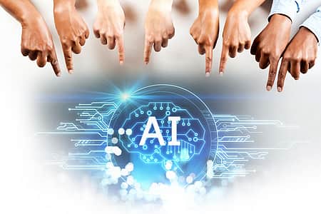 <P>people hand pointing AI technology digital graphic design black background, AI machine learning hands of robot science and artificial intelligence