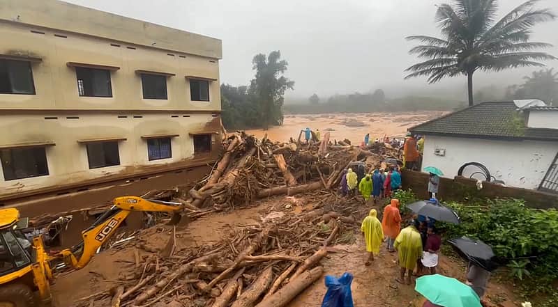 Rescue operation underway after landslides in the hilly areas near Meppadi, in Wayanad district,