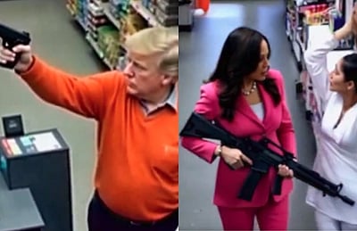 பயங்கர ஆயுதங்களுடன் டிரம்ப், கமலா ஹாரிஸ்! ஏஐ செய்யும் மாயை