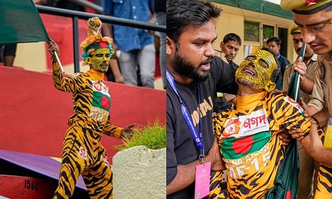 புலி வேடமணிந்த வங்கதேச ரசிகரை அடித்து உதைத்த இந்திய அணி ரசிகர்கள்!