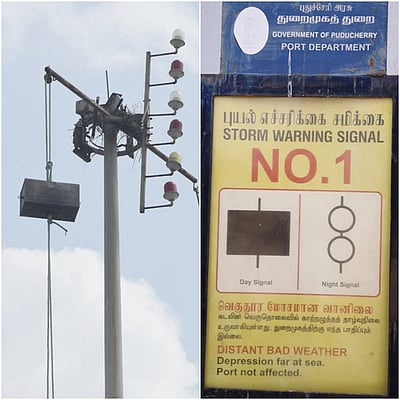 புதுச்சேரி பழைய துறைமுகத்தில் 
1-ஆம் எண் புயல் எச்சரிக்கைக் கூண்டு ஏற்றம்