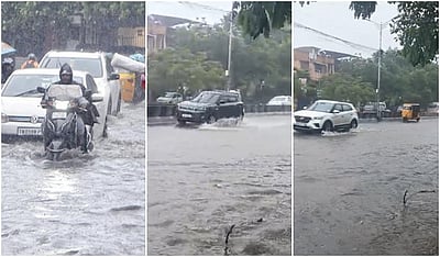 கனமழையால் சாலையில் தேங்கிய மழைநீர்: தத்தளித்தபடி செல்லும் வாகனங்கள்!