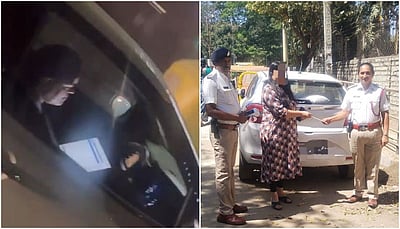 கார் ஓட்டிக்கொண்டே மடிக்கணினியில் வேலை பார்த்த பெண்: காவல்துறை அபராதம்!