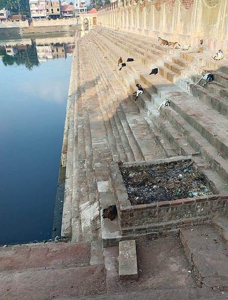 கழிவு நீா் கலக்காமல் இருக்கும்வகையில் அடைக்கப்பட்ட குளத்தின் நீா் வெளியேறும் பகுதி.