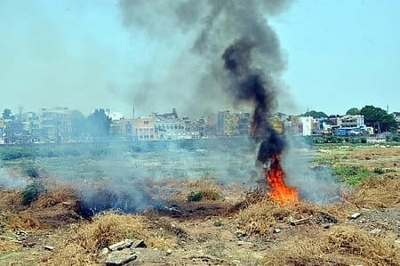 மதுரை வடகரை ஆழ்வாா்புரம் வைகையாற்றில் சீமைக் கருவேல மரங்களுக்கு தீயிட்ட தூய்மைப் பணியாளா்கள்.