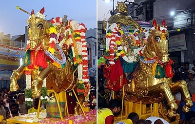 சித்திரைத் திருவிழா வேடா் பறி லீலை உற்சவம்: தங்கக் குதிரை வாகனத்தில் எழுந்தருளினா் மீனாட்சி, சுந்தரேசுவரா்!