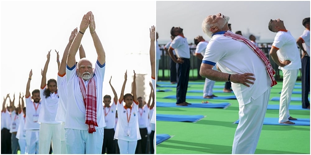 ஆந்திரம் மாநிலம் விசாகப்பட்டினத்தில் நடைபெற்ற 11 ஆவது சர்வதேச யோகா நாள் நிகழ்ச்சியில் பங்கேற்று யோகா செய்த பிரதமர் நரேந்திர மோடி.