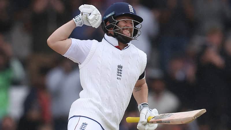 England's Ben Duckett celebrates after scoring a century on day five of the first cricket test match between England and India at Headingley in Leeds