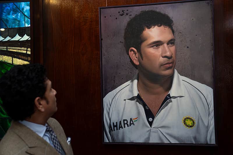 Sachin Tendulkar with his portrait unveiled at the MCC Museum in London