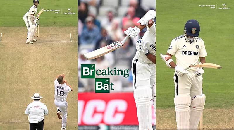 Jaiswal's bat was broken by a ball bowled by Chris Oakes...