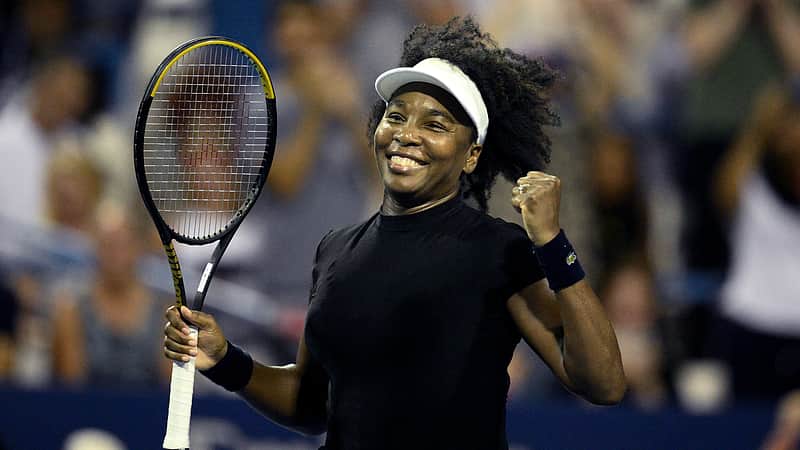 Venus Williams celebrates her win over Peyton Stearns during a match at the Citi Open tennis tournament