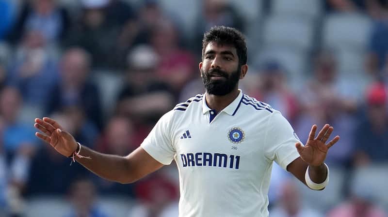 India's Jasprit Bumrah reacts after deliver a ball during the second day of the fourth cricket test match between England and India at Emirates Old Trafford, Manchester