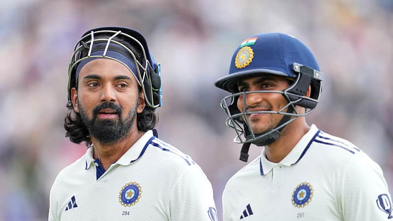 India's KL Rahul, left and India's captain Shubman Gill walk off during the lunch break on the fourth day of the fourth cricket test match between England and India at Emirates Old Trafford, Manchester,