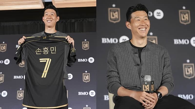 Son Heung-min, of South Korea, is introduced as a new member of Los Angeles FC during a press conference for the MLS soccer