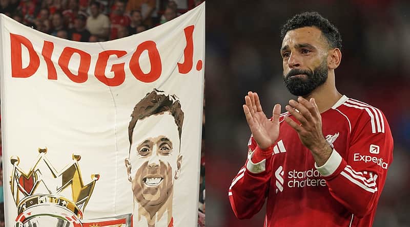 A banner depicting the late Liverpool player Diogo Jota is displayed on the stands, salah crying for him.