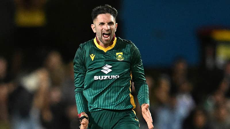 Keshav Maharaj of South Africa celebrates after getting the wicket of Alex Carey of Australia during the one day international between Australia and South Africa