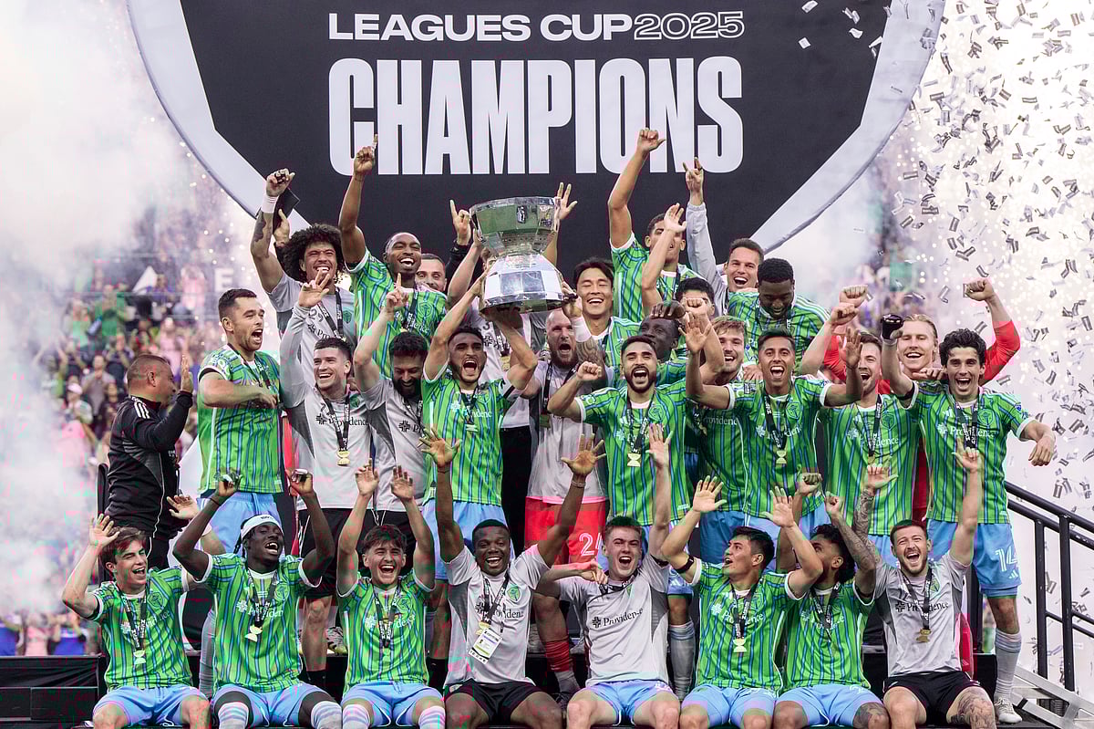 Seattle Sounders players celebrate after the Leagues Cup final soccer match