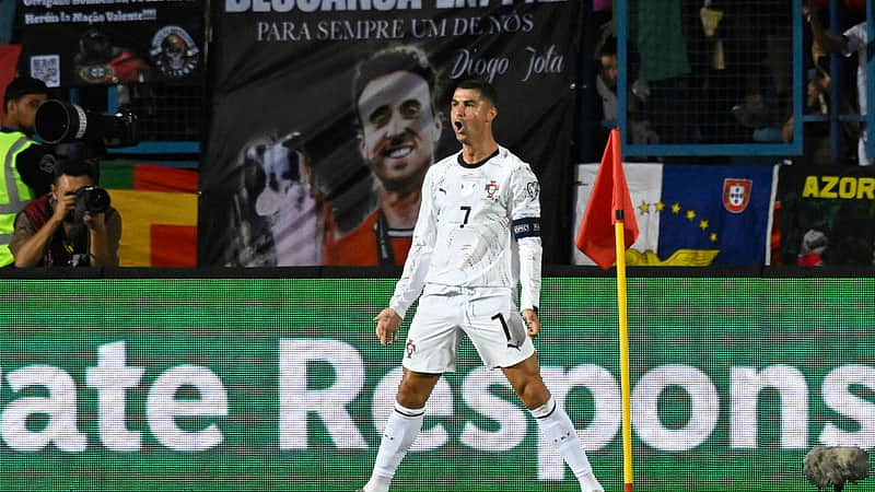 Portugal's Cristiano Ronaldo celebrates after scoring his side's second goal during a World Cup 2026 group F qualifying soccer