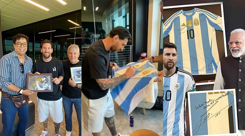 Messi's gift to Modi his signed jersey. Satadru Dutta is the promotor.
