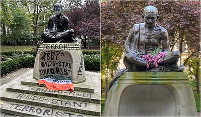 காந்தியும் மோடியும் ஹிந்துஸ்தானி பயங்கரவாதிகள்!லண்டனில் காந்தி சிலை மீது பெயிண்ட் வீச்சு!