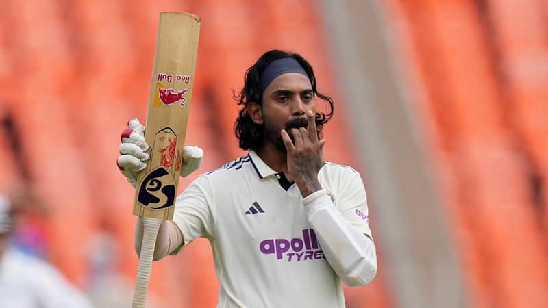 India's KL Rahul celebrates after scoring a century on the second day of the first Test cricket match between India and West Indies at Narendra Modi Stadium.